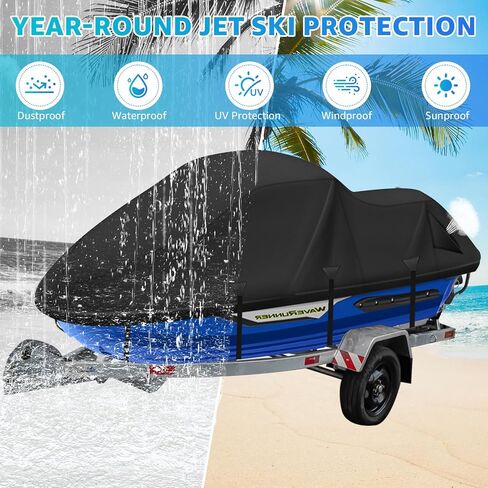 Waterproof Jet Ski Cover,420D Heavy Duty Windproof Jet Ski Covers 2-3 Seater with 2 Vents & 4 Windproof Buckles UV Resistant Compatible with Yamaha Seadoo from 126" to 135"(Black) in Saudi Arabia