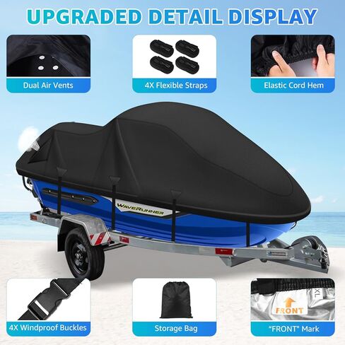 Waterproof Jet Ski Cover,420D Heavy Duty Windproof Jet Ski Covers 2-3 Seater with 2 Vents & 4 Windproof Buckles UV Resistant Compatible with Yamaha Seadoo from 126" to 135"(Black) in Saudi Arabia