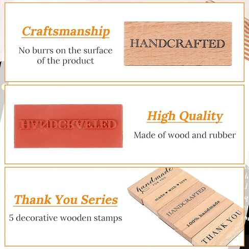 5-Piece Wood Mounted Rubber Stamp Set, Thank You Handmade Sentiment Stamps for Card Making, DIY Crafts, Gift Packaging and Scrapbooking Supplies in Kuwait