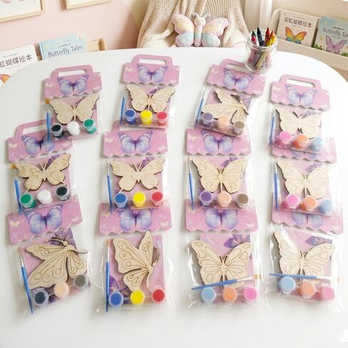 Butterfly Party Favors - 12 Pcs Pre-Packaged Funny Thickened Wood Butterfly Birthday Supplies with Cartoon Packaging and Brushes, Butterflies for Crafts Paint Party Favors for Kids and Art Lover in Saudi Arabia