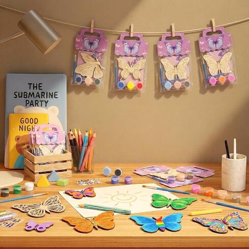 Butterfly Party Favors - 12 Pcs Pre-Packaged Funny Thickened Wood Butterfly Birthday Supplies with Cartoon Packaging and Brushes, Butterflies for Crafts Paint Party Favors for Kids and Art Lover in Saudi Arabia