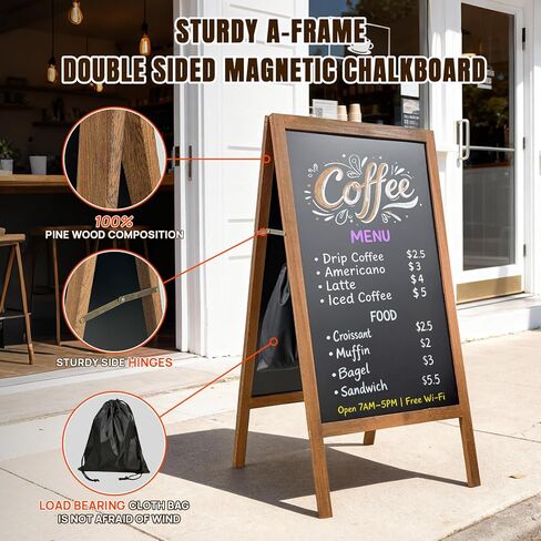 A Frame Chalkboard Sign, 40" x 20" Magnetic Outdoor Chalk Board Signs, Wooden Standing Double-Sided Sidewalk Chalk Board for Restaurant Menu, Cafés, Christmas, Wedding in Saudi Arabia
