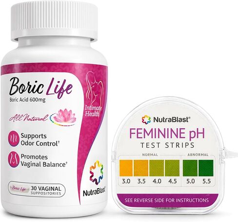 NutraBlast Boric Acid Vaginal Suppositories 600mg (30 Count) Bundle with Feminine pH Test Strips 3.0-5.5 (100 Tests Roll) | Monitor Intimate Health | Accurate Women’s Acidity & Alkalinity in Saudi Arabia