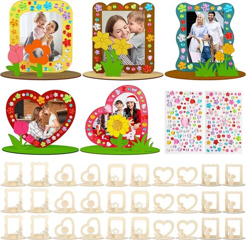 J6&H6 30 Pcs Mothers Day Crafts Wooden Flower Photo Frame DIY Craft Kit, Mothers Day Crafts Bulk with 5 Styles Colored Diamond Stickers for Class Activitie Handmade Gifts (Flower Photo Frame) in Saudi Arabia