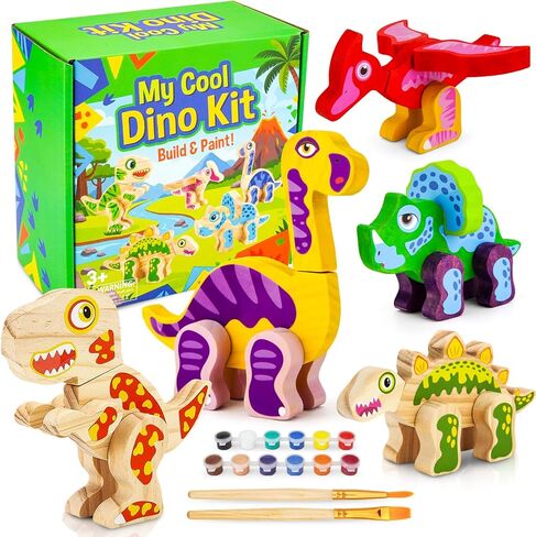 AluAbi Wooden Dinosaur Crafts for Kids, 3D DIY Painting Kit with 5 Dinosaur Toys, Paints, Brushes & Stickers, DIY Arts and Crafts for Children, Preschool Activity Gift for Halloween Christmas in Saudi Arabia