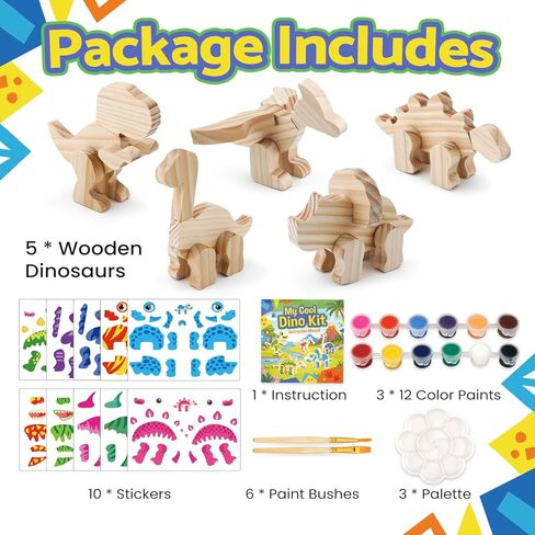 AluAbi Wooden Dinosaur Crafts for Kids, 3D DIY Painting Kit with 5 Dinosaur Toys, Paints, Brushes & Stickers, DIY Arts and Crafts for Children, Preschool Activity Gift for Halloween Christmas in Saudi Arabia
