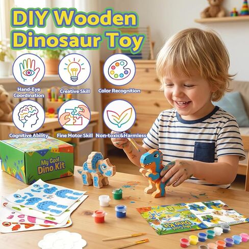 AluAbi Wooden Dinosaur Crafts for Kids, 3D DIY Painting Kit with 5 Dinosaur Toys, Paints, Brushes & Stickers, DIY Arts and Crafts for Children, Preschool Activity Gift for Halloween Christmas in Saudi Arabia