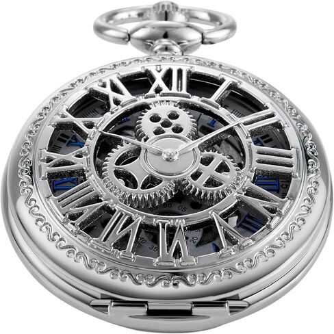 Classic Silver Mechanical Pocket Watch, Roman Numerals Silver Pocket Watch with Chain Box for Men in Saudi Arabia