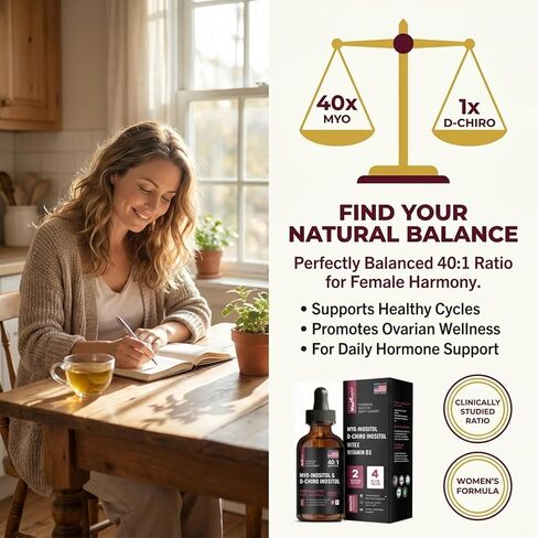 Myo-Inositol & D-Chiro Inositol Plus فيتامين D3 وأوراق الخرشوف - تركيبة سائلة متقدمة لدعم الهرمونات والمبيض للنساء - تخفيف طبيعي لمتلازمة تكيس المبايض، طبيعي بالكامل، نسبة 40:1 in Saudi Arabia