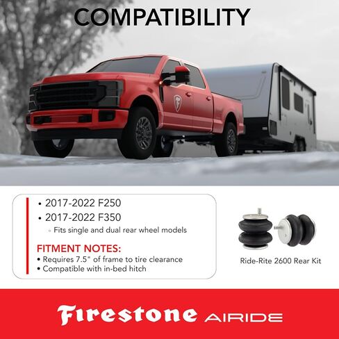 مجموعة النوابض الهوائية الخلفية Firestone Airide 2600 Ride-Rite تناسب 2017-2022 F250 F350 2WD | 20-100 رطل لكل بوصة مربعة | لا يوجد تركيب مثقاب | سعة تحميل 5,000 جنيه | مستويات الحزم الأمامية in Kuwait