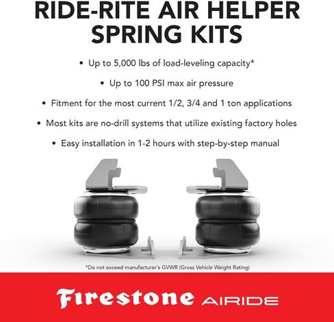 مجموعة النوابض الهوائية الخلفية Firestone Airide 2600 Ride-Rite تناسب 2017-2022 F250 F350 2WD | 20-100 رطل لكل بوصة مربعة | لا يوجد تركيب مثقاب | سعة تحميل 5,000 جنيه | مستويات الحزم الأمامية in Kuwait