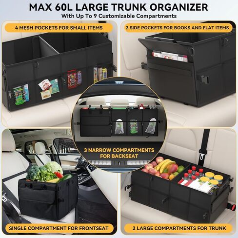 Car Trunk Organizer for SUV 60L Backseat Car Organizer Back Seat Large Storage Trunk Compartment Collapsible Car Caddy Heavy Duty Truck Storage Bin w/6 Pockets Adjustable Straps Cargo Van Jeep Sedan in Saudi Arabia