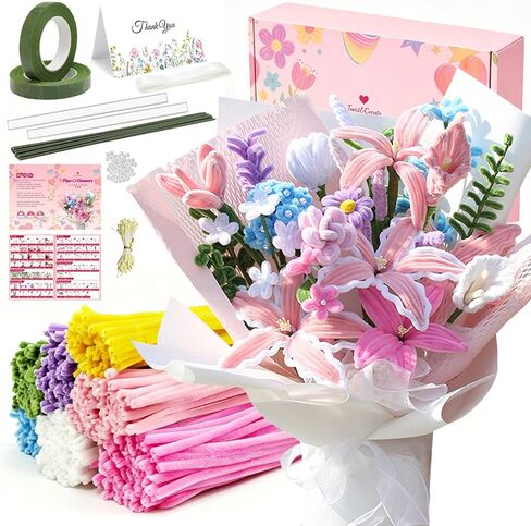 650PCS Pipe Cleaners Bulk, Pipe Cleaners Craft 7 Colors Chenille Stems Flower Kit with Floral Wires, Tape, Stamens, Wrapping Paper for DIY Bouquet & Gifts (Pink) in Saudi Arabia