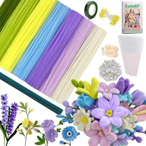 976PCS Pipe Cleaners Flowers Kit,7 Colors Bulk Pipe Cleaners Craft with Bouquet Booklet, Thick Chenille Stems with Stamen,Ribbon & More for DIY Flower Bouquet Making,Art and Craft Supplies in Saudi Arabia
