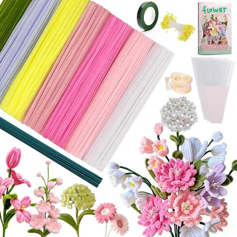 976PCS Pipe Cleaners Flowers Kit,7 Colors Bulk Pipe Cleaners Craft with Bouquet Booklet, Thick Chenille Stems with Stamen,Ribbon & More for DIY Flower Bouquet Making,Art and Craft Supplies in Saudi Arabia