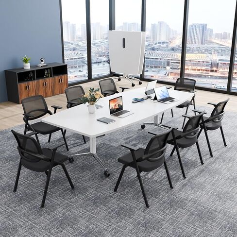 7.5FT Conference Table, Folding Conference Room Tables with Wheels and Power Outlets, Large Boat Shaped Meeting Table Modern Seminar Boardroom Tables for Office Conference Room (White) in Saudi Arabia