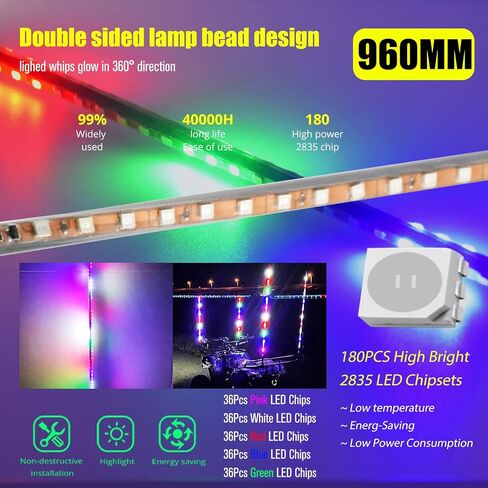 2 قطعة أضواء سوط LED، 3.4FT RGB 270 درجة ضوء سوط LED تلقائي لـ ATV UTV RZR على الطرق الوعرة شاحنة قارب Can-am، DC12V. in Kuwait