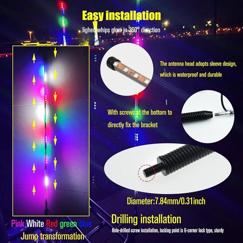 2 قطعة أضواء سوط LED، 3.4FT RGB 270 درجة ضوء سوط LED تلقائي لـ ATV UTV RZR على الطرق الوعرة شاحنة قارب Can-am، DC12V. in Kuwait