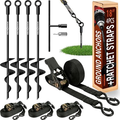 Ground Anchors Screw in Kit with Ratchet Straps (18" 24" 30", 3/4 Pack) - Fully Welded Heavy Duty Earth Anchor - Spiral Tie Down Stake for Shed RV Awning Tent Swing Set - Auger Trampoline Stakes in Saudi Arabia