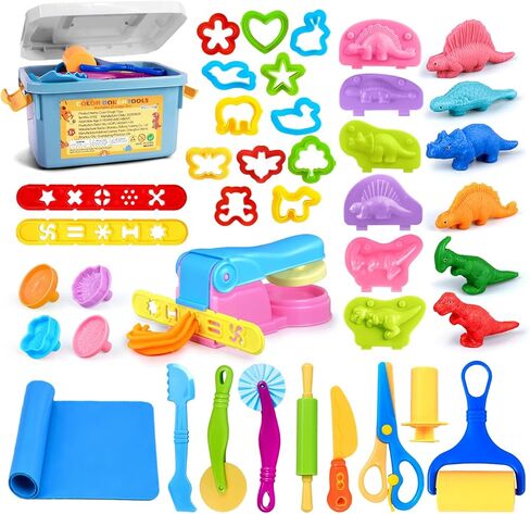 Playdough Tools Sets for Kids, 35Pcs Clay and Dough Tools Accessories Set with Silicone Mat & Storage Box, 3D Dino Molds, Animal Cutters, Dough Extruder, Rolling Pins for Educational Play Activities in Saudi Arabia