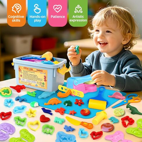 Playdough Tools Sets for Kids, 35Pcs Clay and Dough Tools Accessories Set with Silicone Mat & Storage Box, 3D Dino Molds, Animal Cutters, Dough Extruder, Rolling Pins for Educational Play Activities in Saudi Arabia