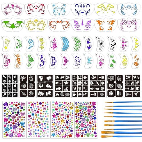 58PCS Face Painting Kit, Includes 36 Reusable Facial Painting Stencils, 8 Sheets Tattoo Templates Stickers, 4 Sheets Gem Stickers, 10 Brushes for Halloween DIY Body Art Makeup Party in Saudi Arabia