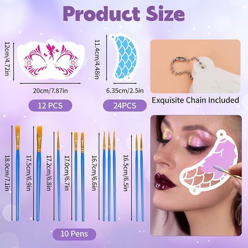 58PCS Face Painting Kit, Includes 36 Reusable Facial Painting Stencils, 8 Sheets Tattoo Templates Stickers, 4 Sheets Gem Stickers, 10 Brushes for Halloween DIY Body Art Makeup Party in Saudi Arabia