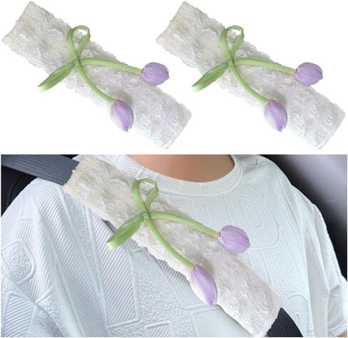 2PCS Car Seat Belt Cover, Cute Flower Soft Comfortable Vehicle Seat Strap Shoulder Pad, Floral Auto Interior Seatbelt Harness Mat Cushion for Women Girls, Universal for Vehicles (Purple) in Saudi Arabia
