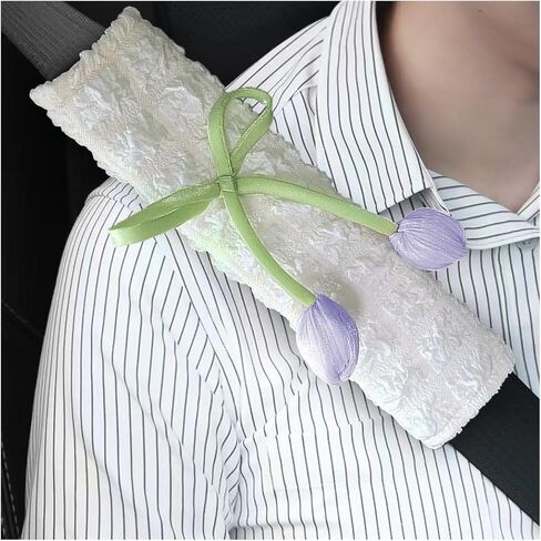 2PCS Car Seat Belt Cover, Cute Flower Soft Comfortable Vehicle Seat Strap Shoulder Pad, Floral Auto Interior Seatbelt Harness Mat Cushion for Women Girls, Universal for Vehicles (Purple) in Saudi Arabia