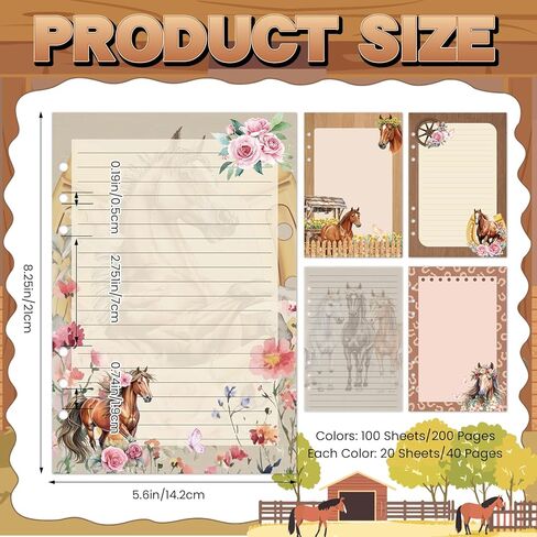 100 Sheets Horse A5 Refill Papers for 6 Ring Planner Binder, Equestrian Themed Notebook Journal Stationery Gift, 6 Hole Lined Filler 120GSM Thick Loose Leaf Paper for Horse Lovers Memo Office Supplies in Saudi Arabia