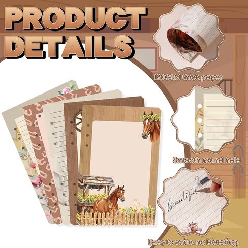 100 Sheets Horse A5 Refill Papers for 6 Ring Planner Binder, Equestrian Themed Notebook Journal Stationery Gift, 6 Hole Lined Filler 120GSM Thick Loose Leaf Paper for Horse Lovers Memo Office Supplies in Saudi Arabia