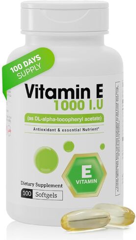 كبسولات هلامية Nutra Vitamin E 1000 IU (مثل أسيتات DL-Alpha-tocopheryl) - دعم مضاد للأكسدة، صحة الجلد والشعر، 100 كبسولة هلامية - تركيبة فيتامين E المعقدة in Kuwait