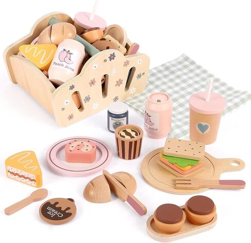 FIIOEOY Wooden Picnic Basket Toy for Toddlers, Kids Play Food Set with Dessert Food and Mat, Outdoor Pretend Play Kitchen Accessories Gift for Girls Boys 3 4 5 Years Old in Saudi Arabia