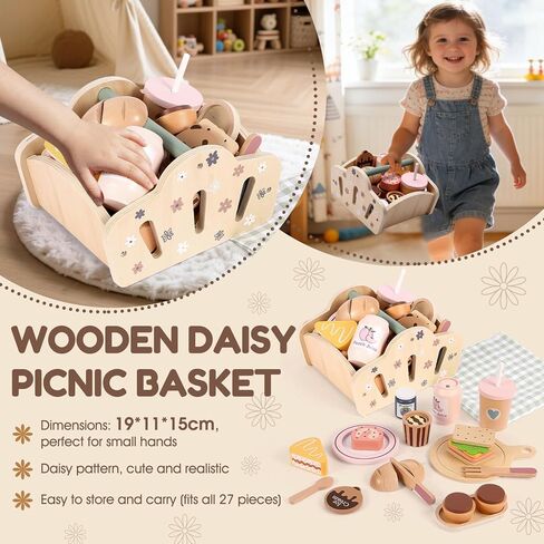 FIIOEOY Wooden Picnic Basket Toy for Toddlers, Kids Play Food Set with Dessert Food and Mat, Outdoor Pretend Play Kitchen Accessories Gift for Girls Boys 3 4 5 Years Old in Saudi Arabia