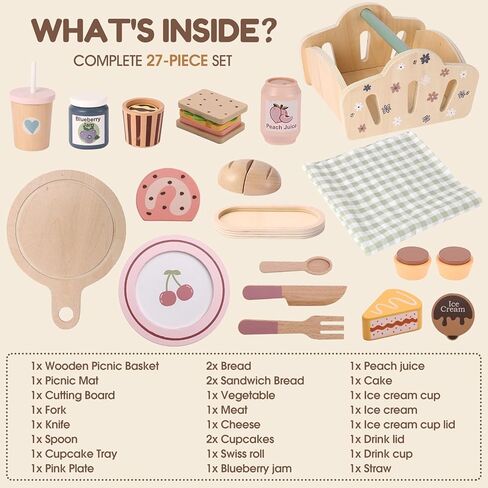 FIIOEOY Wooden Picnic Basket Toy for Toddlers, Kids Play Food Set with Dessert Food and Mat, Outdoor Pretend Play Kitchen Accessories Gift for Girls Boys 3 4 5 Years Old in Saudi Arabia