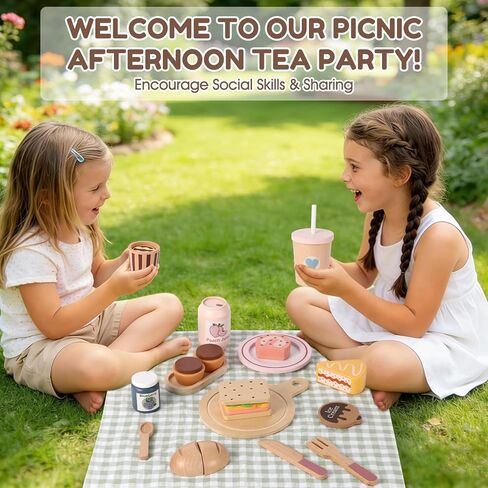 FIIOEOY Wooden Picnic Basket Toy for Toddlers, Kids Play Food Set with Dessert Food and Mat, Outdoor Pretend Play Kitchen Accessories Gift for Girls Boys 3 4 5 Years Old in Saudi Arabia