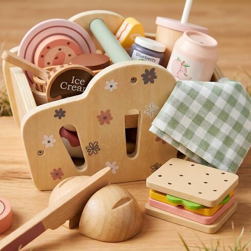 FIIOEOY Wooden Picnic Basket Toy for Toddlers, Kids Play Food Set with Dessert Food and Mat, Outdoor Pretend Play Kitchen Accessories Gift for Girls Boys 3 4 5 Years Old in Saudi Arabia