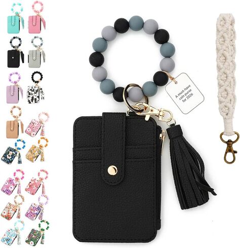 Boho Style Beaded Tassel Keychain Wallet,Women's Boho Beaded Wallet,Wristlet Bracelet Wrist Purse Flower Chain (Black) in Saudi Arabia