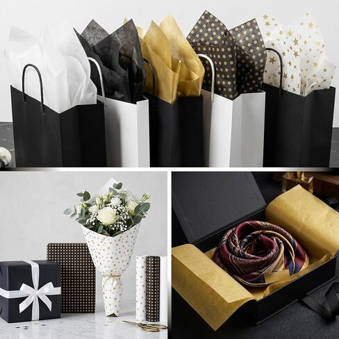 Ovenbird 50 Sheets Tissue Paper for Gift Bags, Assorted Cute Elegant Black Gold White Tissue Paper Bulk for Packaging Wrapping Crafts Birthday Wedding, 5 Metallic Colors, 20 x 14 in in Saudi Arabia