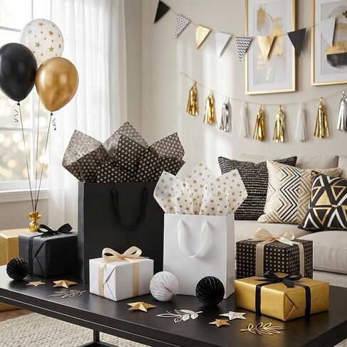 Ovenbird 50 Sheets Tissue Paper for Gift Bags, Assorted Cute Elegant Black Gold White Tissue Paper Bulk for Packaging Wrapping Crafts Birthday Wedding, 5 Metallic Colors, 20 x 14 in in Saudi Arabia