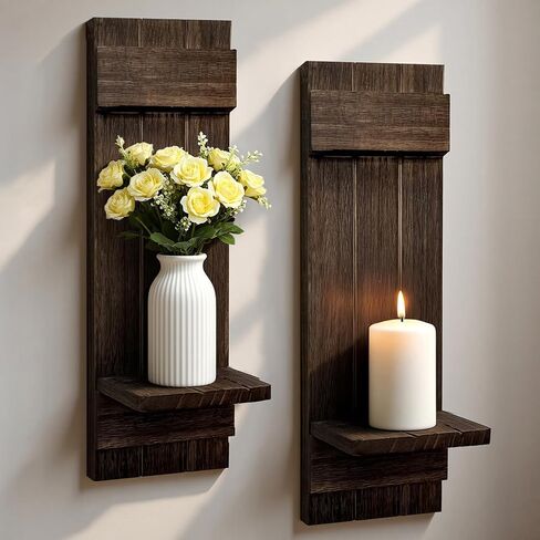 Candle Sconces Set of 2: Farmhouse Wall Candle Holder, Black Walnut Wood Wall Sconces Set of Two,Handmade Wooden Art Decor for Living Room, Dining Room, Bathroom, Bedroom, or Entryway, 15.7"x5" in Saudi Arabia