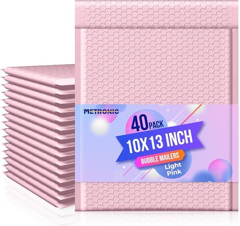 Metronic Bubble Mailer 10x13 "وردي فاتح 40 حزمة، مغلفات بولي مبطنة أكياس شحن مقاومة للماء للملابس، رسائل بريدية ذاتية الغلق لشحن الكتب والمجوهرات ومستلزمات المكياج in Kuwait