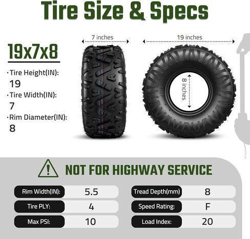 إطارات دراجة صغيرة مقاس 19x7-8، إطارات 19x7x8 ATV/UTV لجميع التضاريس لمسار الطين الرملي، 4PR، Go Kart، مداس غير اتجاهي، بدون أنبوب، مجموعة من 2 in Kuwait