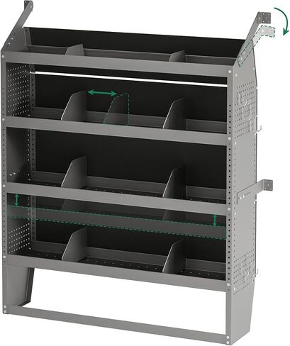 Yunphia 52" W × 60" H × 13" D Cargo Van Shelving Storage System Fit for Fits Ford Transit, NV, Promaster & Sprinter | 4 Adjustable Shelves with 8 Dividers | Includes 10 Hooks in Saudi Arabia
