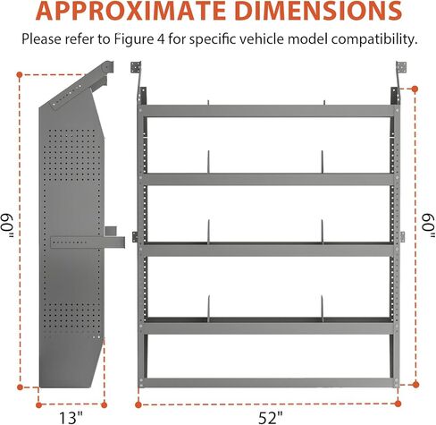 Yunphia 52" W × 60" H × 13" D Cargo Van Shelving Storage System Fit for Fits Ford Transit, NV, Promaster & Sprinter | 4 Adjustable Shelves with 8 Dividers | Includes 10 Hooks in Saudi Arabia