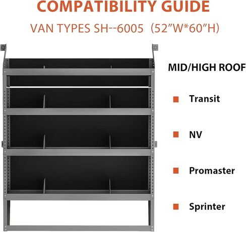 Yunphia 52" W × 60" H × 13" D Cargo Van Shelving Storage System Fit for Fits Ford Transit, NV, Promaster & Sprinter | 4 Adjustable Shelves with 8 Dividers | Includes 10 Hooks in Saudi Arabia