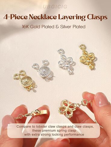 UBGICIG 4Pcs Necklace Layering Clasps and Closures, 16K Gold Plated Silver Multiple Bracelet Necklace Separator for Layered Stacks, Locking Detangler Converter Clasp Jewelry for Women Tangle-Free in Saudi Arabia