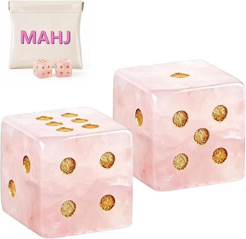Crystal Mahjong Dice Set (2 Pcs) with Custom MAHJ Logo Dice Bag – PU Squeeze Mini Pouch for Pink Gemstone Dice, Chips & Tiles Storage – American Mahjong, Board Games, Casino Night, Gift for Players in Saudi Arabia
