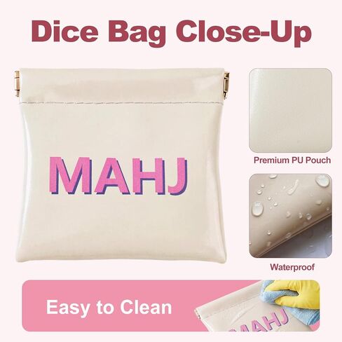Crystal Mahjong Dice Set (2 Pcs) with Custom MAHJ Logo Dice Bag – PU Squeeze Mini Pouch for Pink Gemstone Dice, Chips & Tiles Storage – American Mahjong, Board Games, Casino Night, Gift for Players in Saudi Arabia
