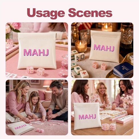 Crystal Mahjong Dice Set (2 Pcs) with Custom MAHJ Logo Dice Bag – PU Squeeze Mini Pouch for Pink Gemstone Dice, Chips & Tiles Storage – American Mahjong, Board Games, Casino Night, Gift for Players in Saudi Arabia
